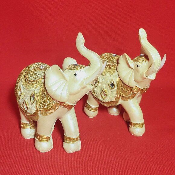 Decorated Elephant Trunk Up Statue Figurine Home Decor Set of 2 - Picture 7 of 13